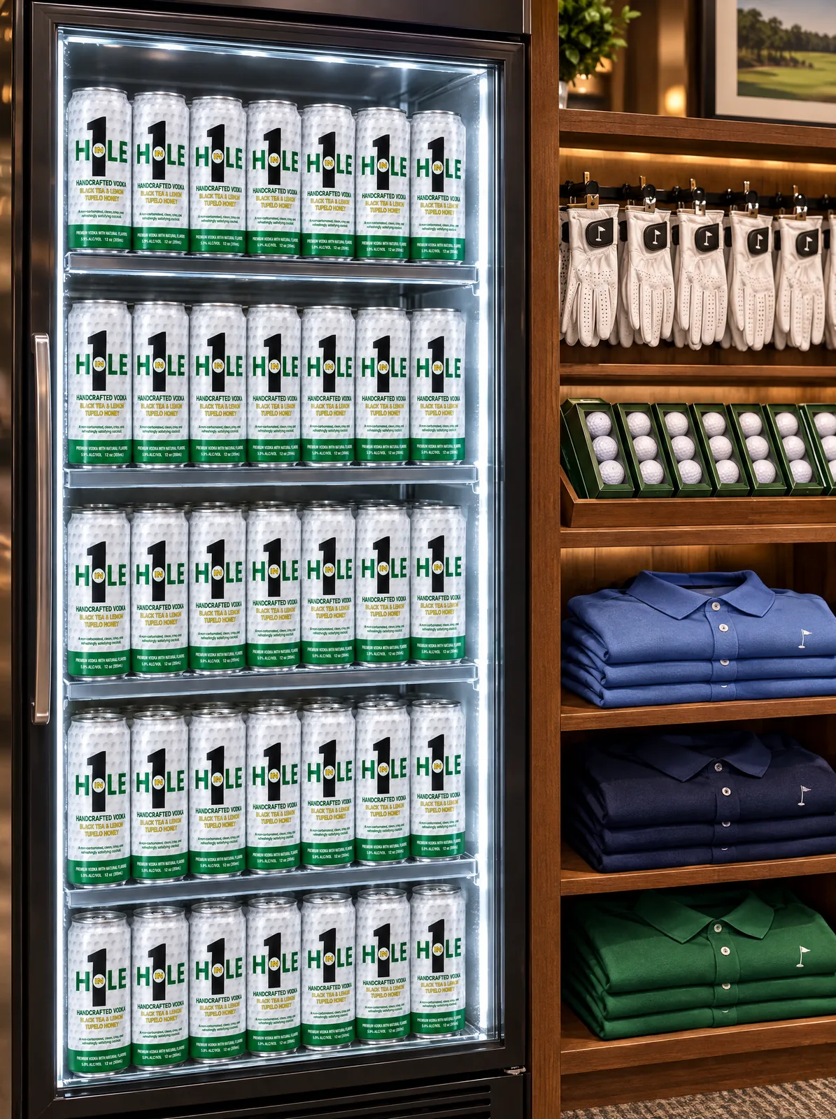 Cans of Hole in 1 faced up in a pro shop cooler.